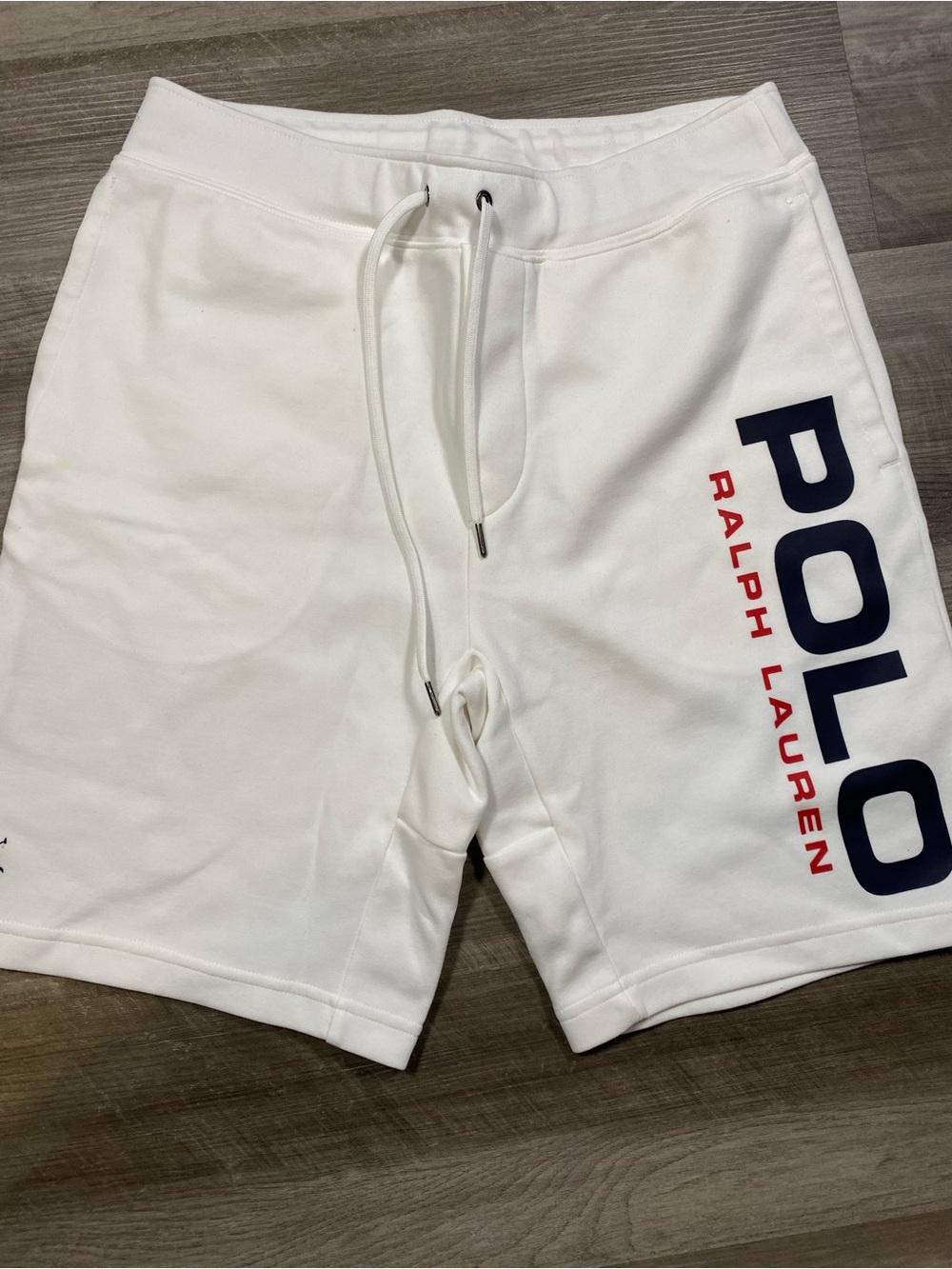 Ralph Lauren White Athletic Shorts with Navy and Red Logo